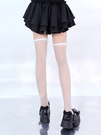 Black / White Lace Bowknot on Cuffs Over Knee Stockings