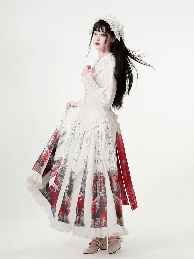 Print Ruffled Red and White Skirt Pleat Box Angel Castle with Hem Gothic