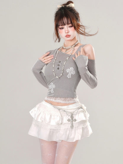 Grey Asymmetrical Neckline Top with Lace Cross Appliques Tank Top Set