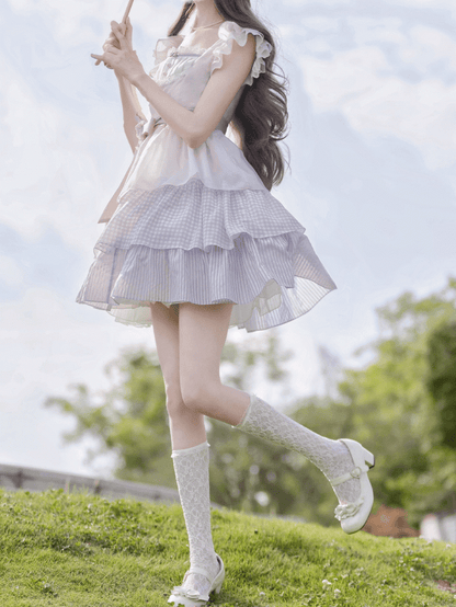 with Skirt Sweet Lavender Flutter Sleeves Dress Floral Tiered