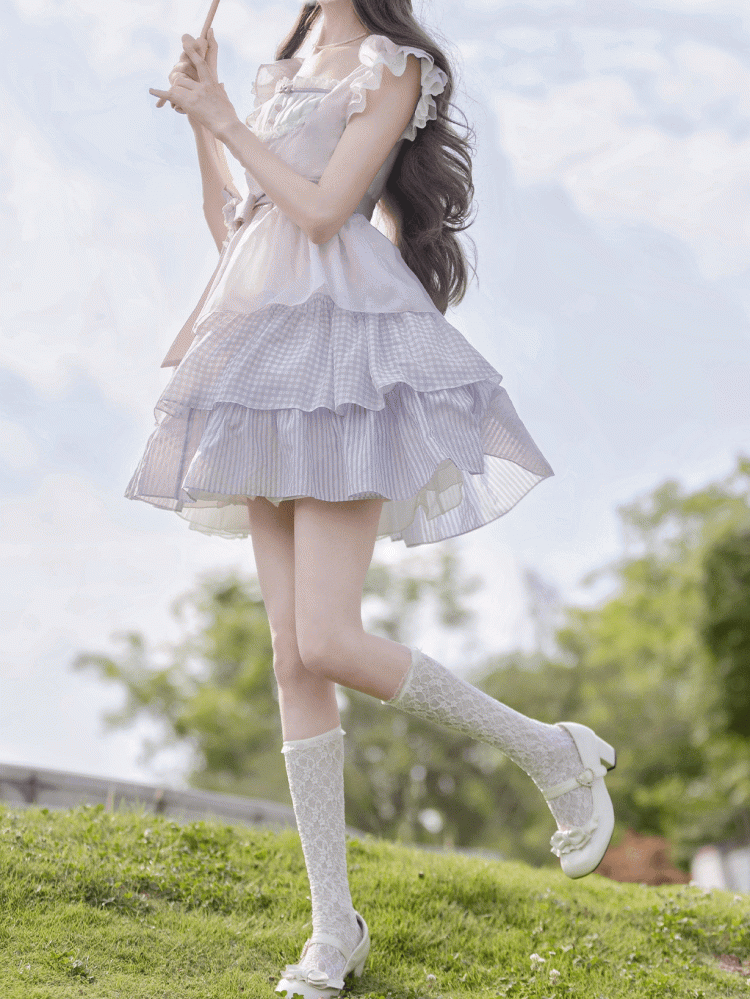 with and Skirt Belt Waist Tiered Sweet Lavender Flutter Sleeves Dress Floral Brooch