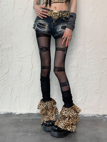Ensemble de collants noirs à imprimé boucle punk et jambières léopard