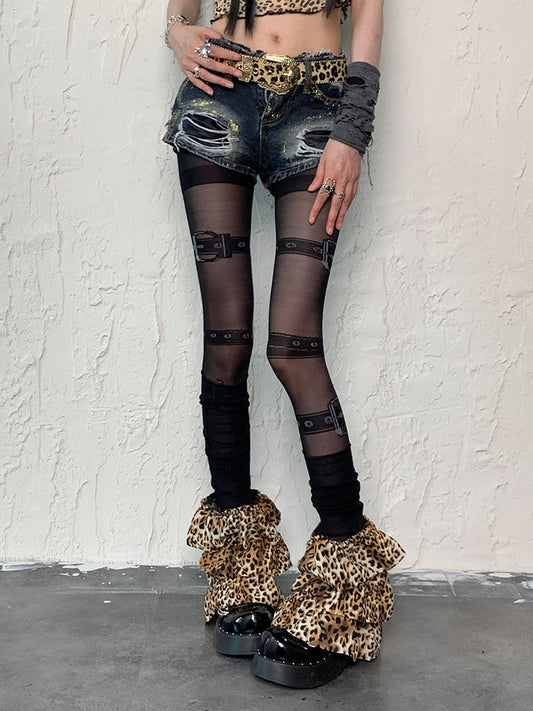 Ensemble de collants noirs à imprimé boucle punk et jambières léopard