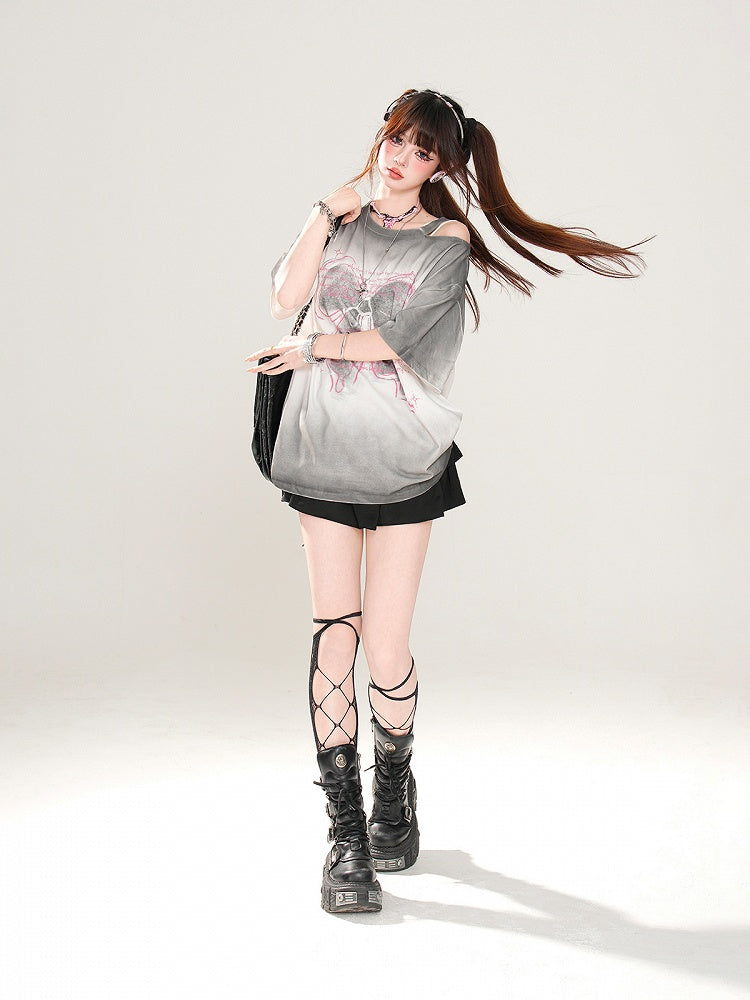 Butterfly Rose Pink/Pink/Gray Loose Shoulder T-Shirt Print Ombre Cutout