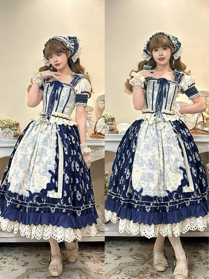 Blaues Cabins-Korsett-Oberteil mit offenen Schultern + dunkelblauer Lolita-Rock mit Blumenmuster