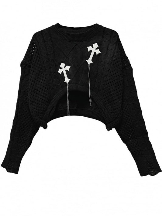 Punk Black Cross Appliques Fringe Design Cropped Sweater