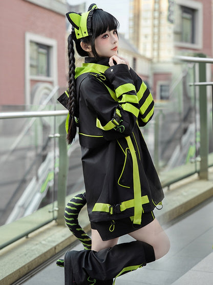 Black and Chartreuse Futuristic Cyber Fashion Techwear Outfit - Windbreaker Baggy Jacket + Shorts/Pants + Leg Warmers Full Set