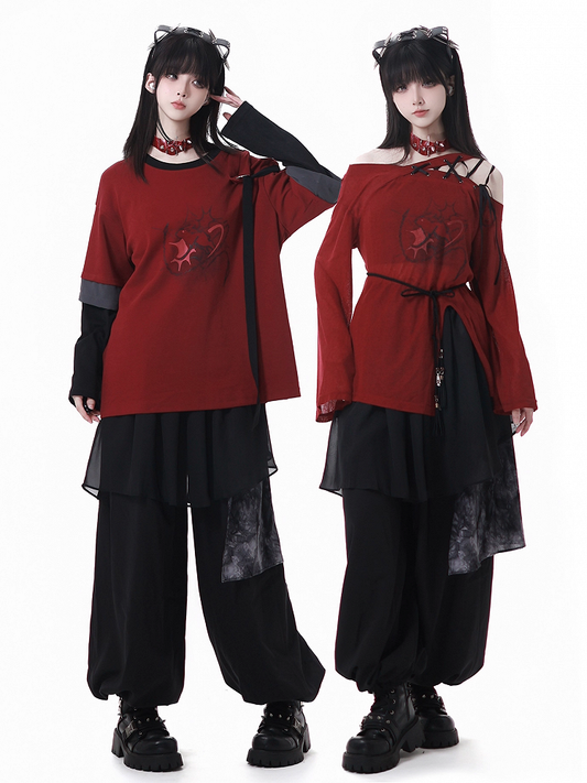 Freizeithose mit elastischer Taille und Bündchen, gefärbt in Schwarz, Krawattennetz, Patchwork-Cheongsam