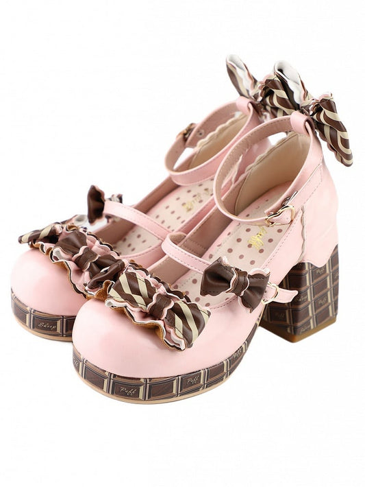 Heels PinkBrown High Striped Bowknot Chocolate Buckle Platform Mary Heart Block Janes Details
