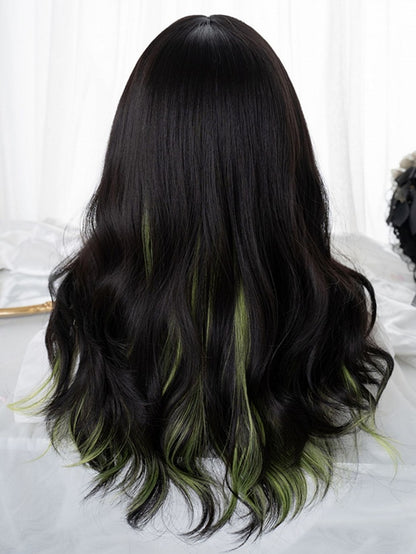 Black And Green Highlights 60CM Long Wavy Wig With Bangs