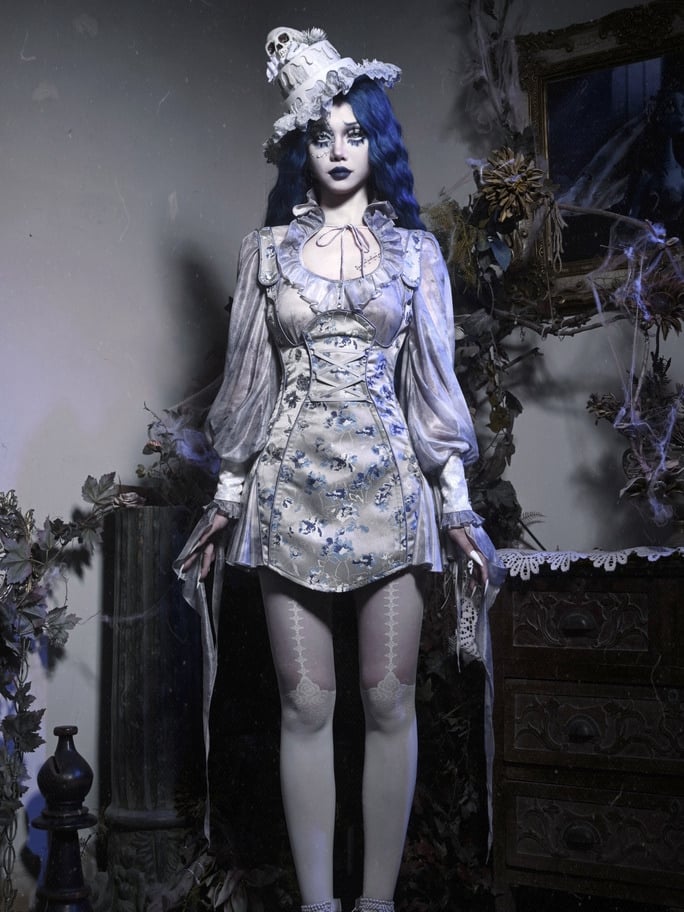 Dusty Blue Floral Jacquard Corpse Bride Overall Dress