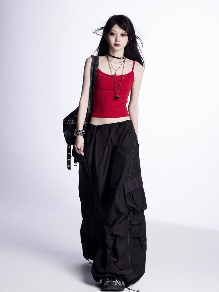 Wide-Leg Cargo Pants Waist Drawstring Cuffs Vintage Black	Low
