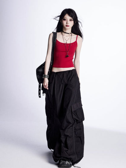 Wide-Leg Cargo Pants Waist Drawstring Cuffs Vintage Black	Low