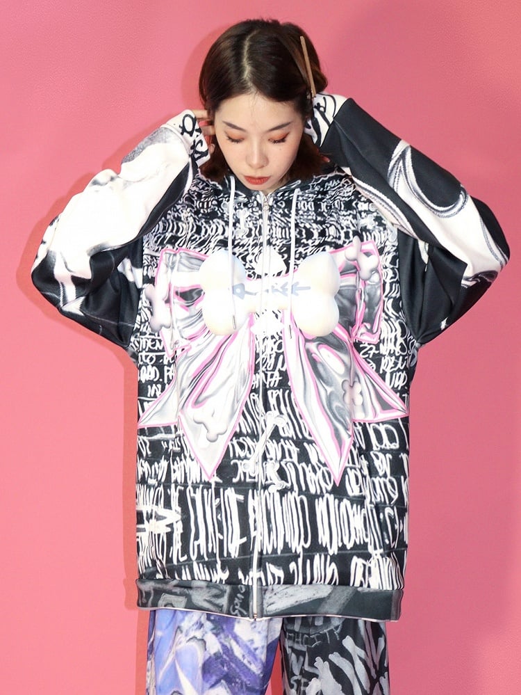 Closure Print Black Zip Letter Hoodie Pattern Bone Big Bow Gyaru Fashion