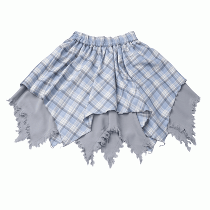 Plaid Skirt White /Black Frayed Handkerchief Hem Blue