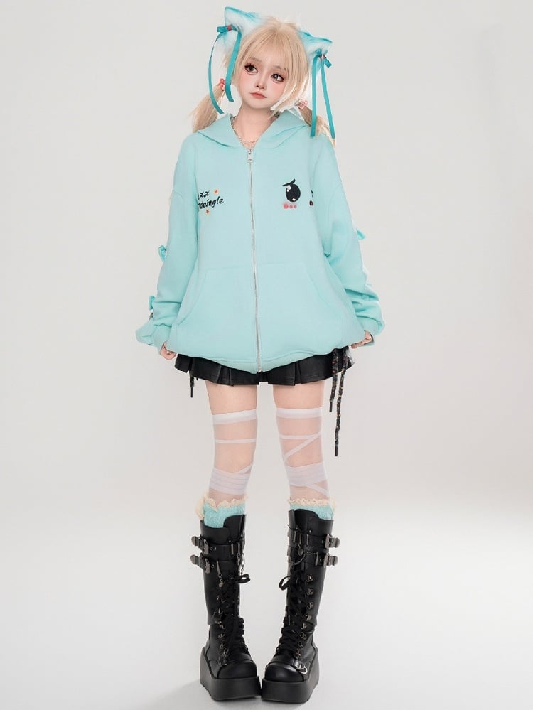 Cute Yami Kawaii Turquoise Blue/Pink Zip Hoodie with Sad Eyes