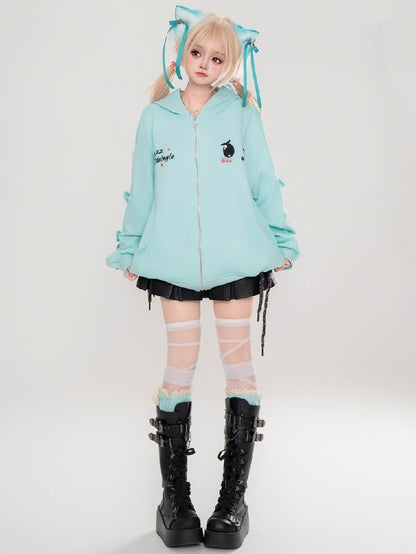 Cute Yami Kawaii Turquoise Blue/Pink Zip Hoodie with Sad Eyes