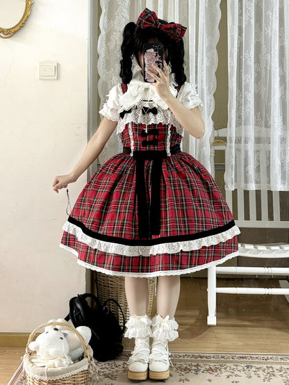 Red Plaid Pattern Sweet Christmas Vibes Lolita Jumper Skirt