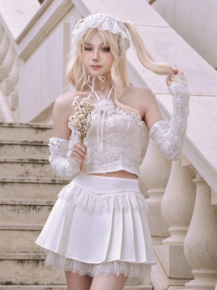 White Lace Raw Fairy Goth Pleated Skirt