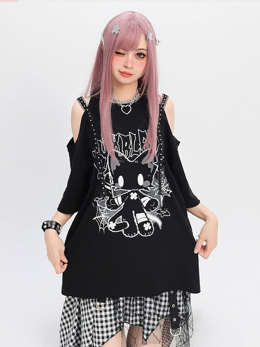 Cat Print Loose T-Shirt Y2K Black Cutout Shoulder Bittersweet