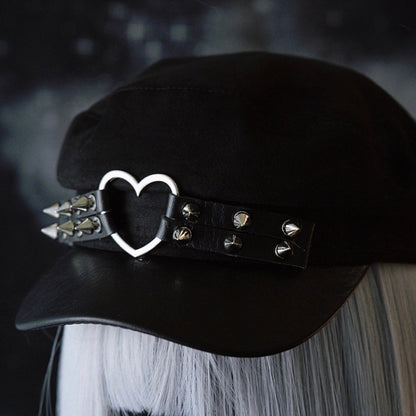 Ring Herz Hut Schwarz Details Gothic Nieten Baskenmütze