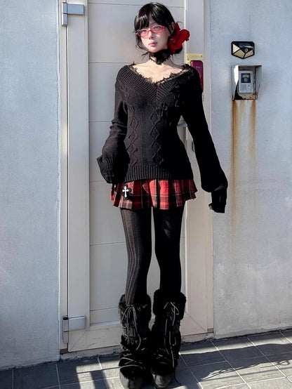Gothic Red Cross Charms Plaid Woolen Pleated Mini Skirt