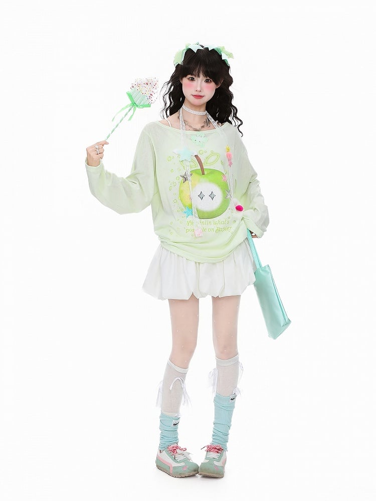 Green/White Breathable Long-Sleeve Top with Green Apple Print