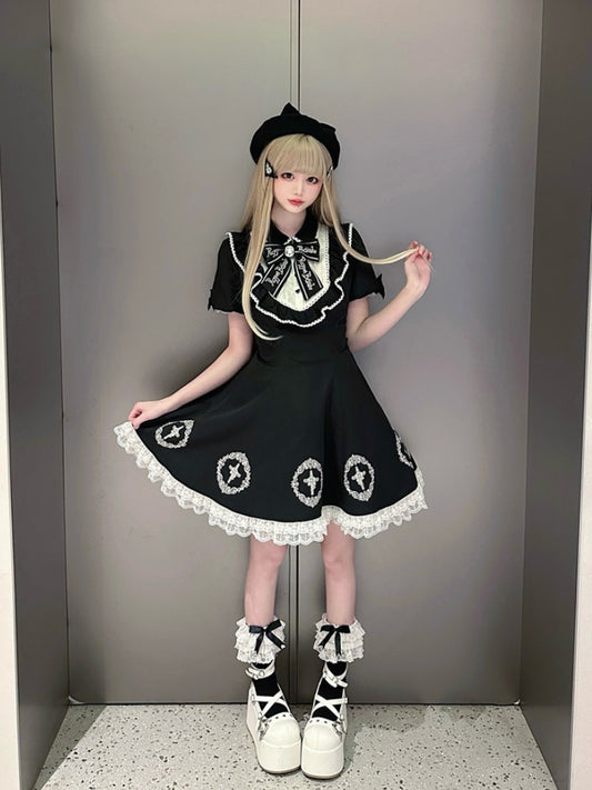 Black Jirai Kei Ruffled Lace Trim Cross Dress with Big Bow Train