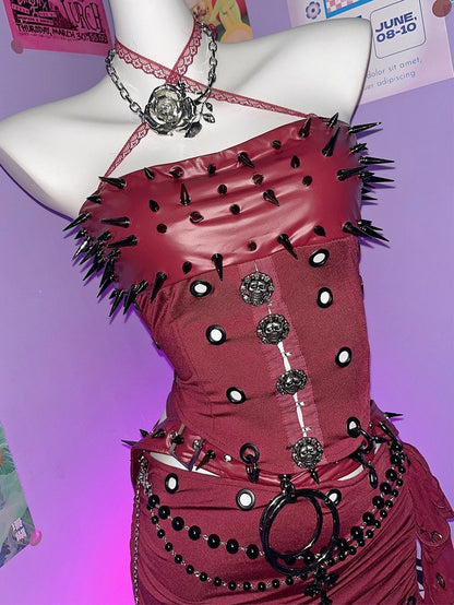 Top + Punk Studs Mini Set Skirt Red