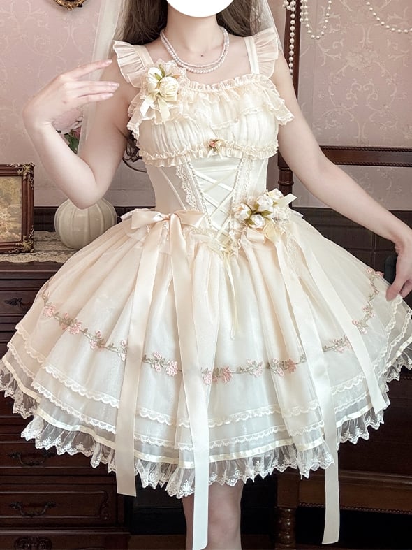 Beige Sleeves Bowknots Decoration Ribbon Lolita Dress JSK Flutter Sweet Boned Waist Balletcore