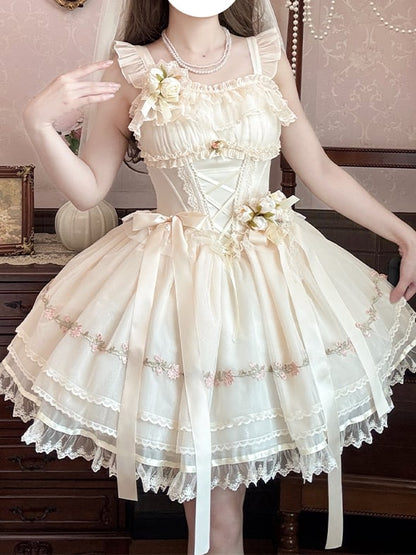 Beige Sleeves Bowknots Decoration Ribbon Lolita Dress JSK Flutter Sweet Boned Waist Balletcore