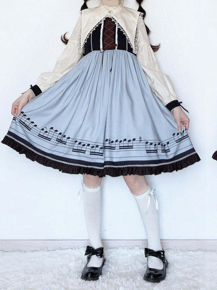 Robe Lolita d'automne bleue à manches longues et col pointu séparé, motif notes de musique