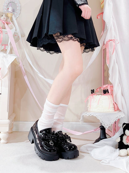 Heart Design Polished - Platform Black with Rhinestone Bow Slip-On Kei Charm Jirai Loafers