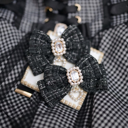 Jirai Kei White/Black Rhinestone and Beaded Heart Bowknot Hairclips