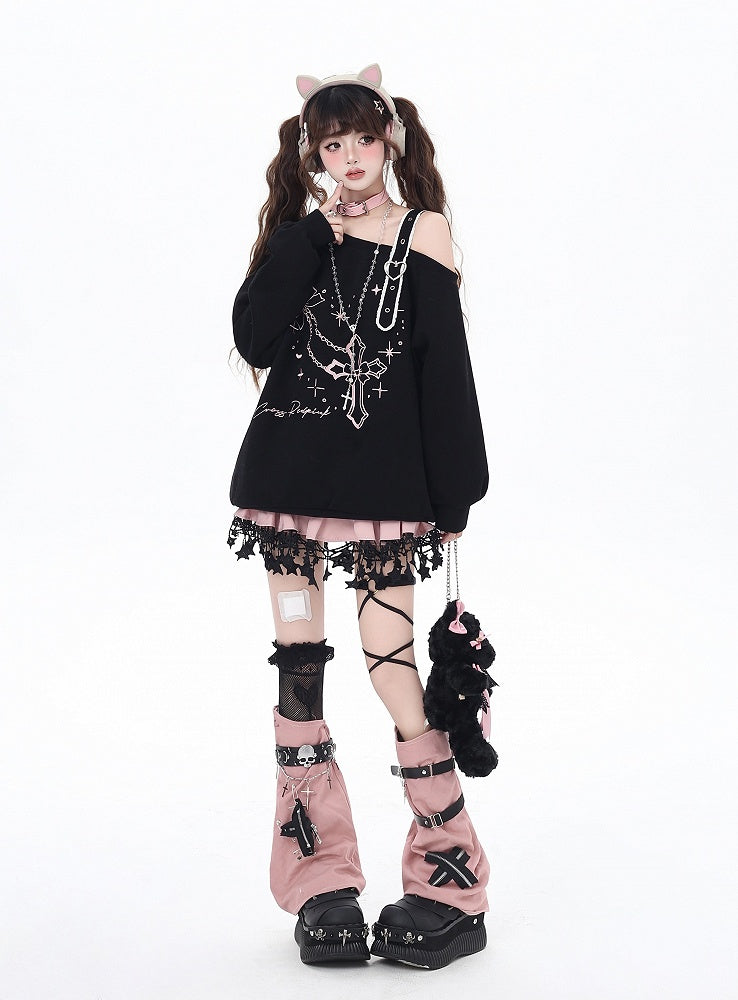 Black/Pink Asymmetrical Neckline Heart Buckle Cross Embroidered Sweatshirt