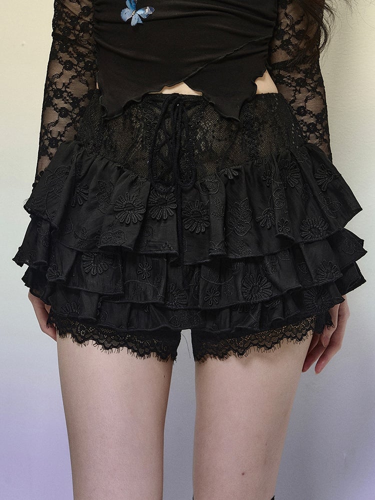 ブラックレースの花柄ハイウエストティアードミニスカートレースアップディテール
