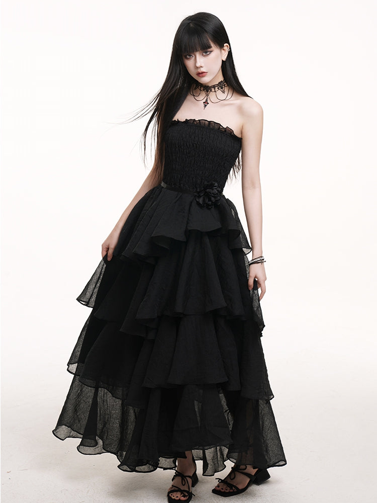 Waist Mesh Black High Prom Gown Dress Tiered Skirt