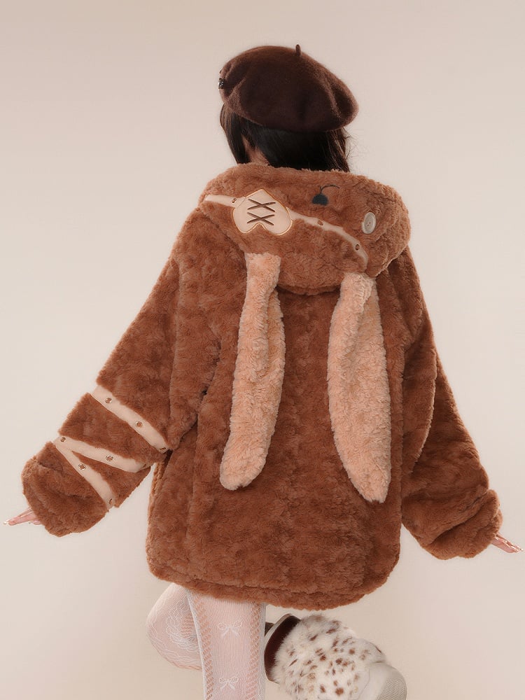 Manteau Teddy à capuche épais avec fermeture éclair et motif oreilles de lapin marron/rose