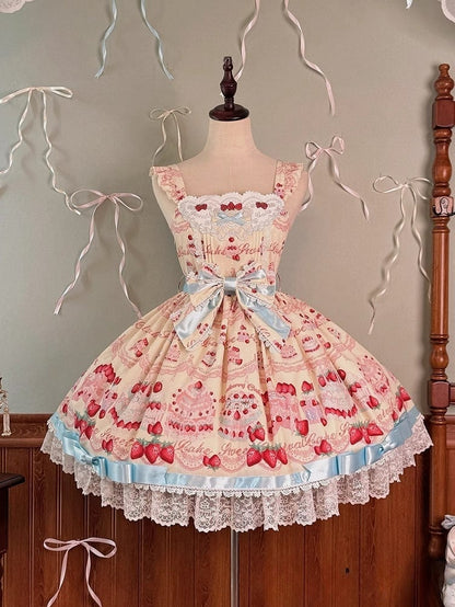 Erdbeer-Print-Rock, süßes, süßes und gelbes Lolita-Kuchen-Pulloverkleid