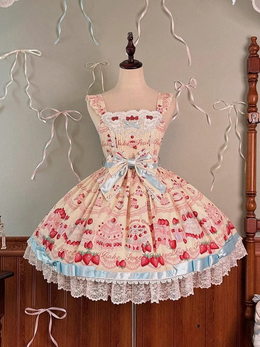 Erdbeer-Print-Rock, süßes, süßes und gelbes Lolita-Kuchen-Pulloverkleid