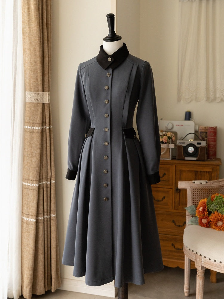 Dark Gray Autumn and Winter Classic One Piece Front Button Placket