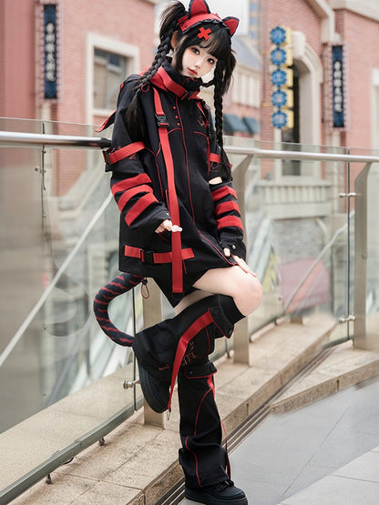 Black and Red Jirai Kei Techwear Buckle Straps Cat Ears Hooded Windbreaker Jacket