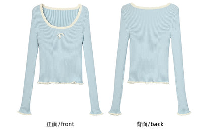 Blue Bowknot Details Round Neck Slim-fit Knit Top