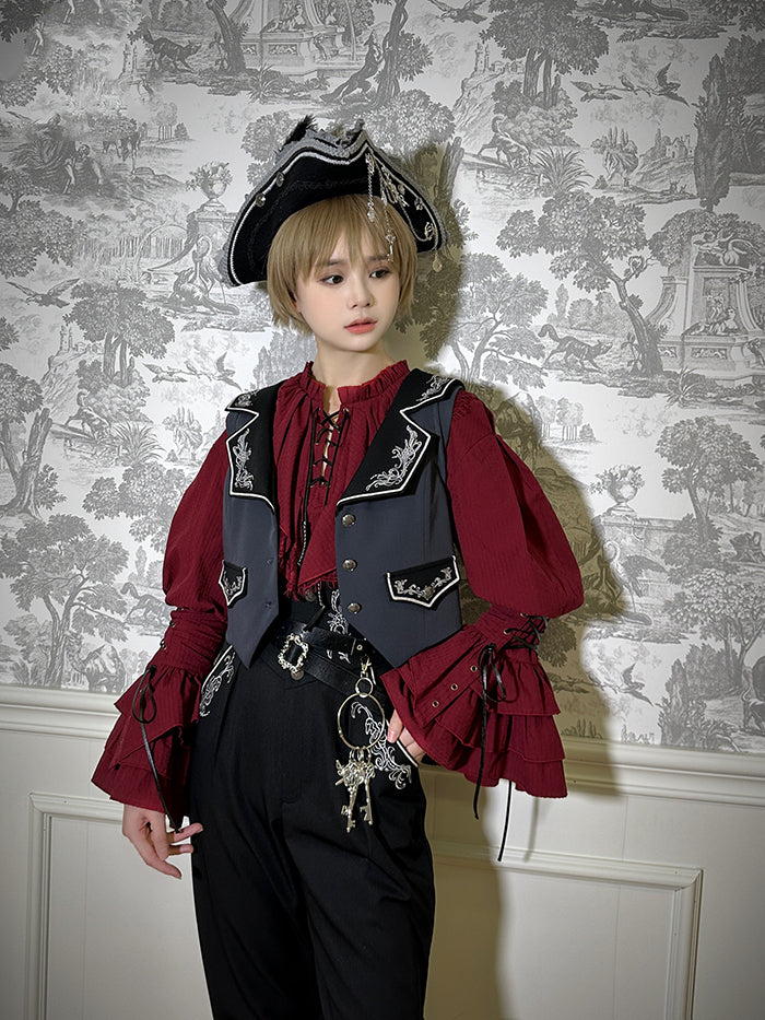 Ouji Red Lace-up Long Details Pirate Sleeves Vibes Shirt Lolita with