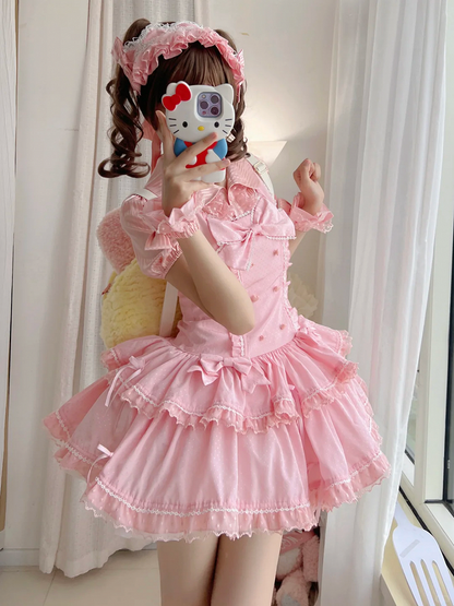 Bow Pink Accents Dots Lolita Old School Dress Shimmer Polka Sweet