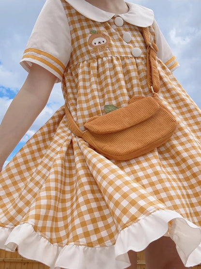 Robe à carreaux et manches courtes à col Peter Pan Orange Bear