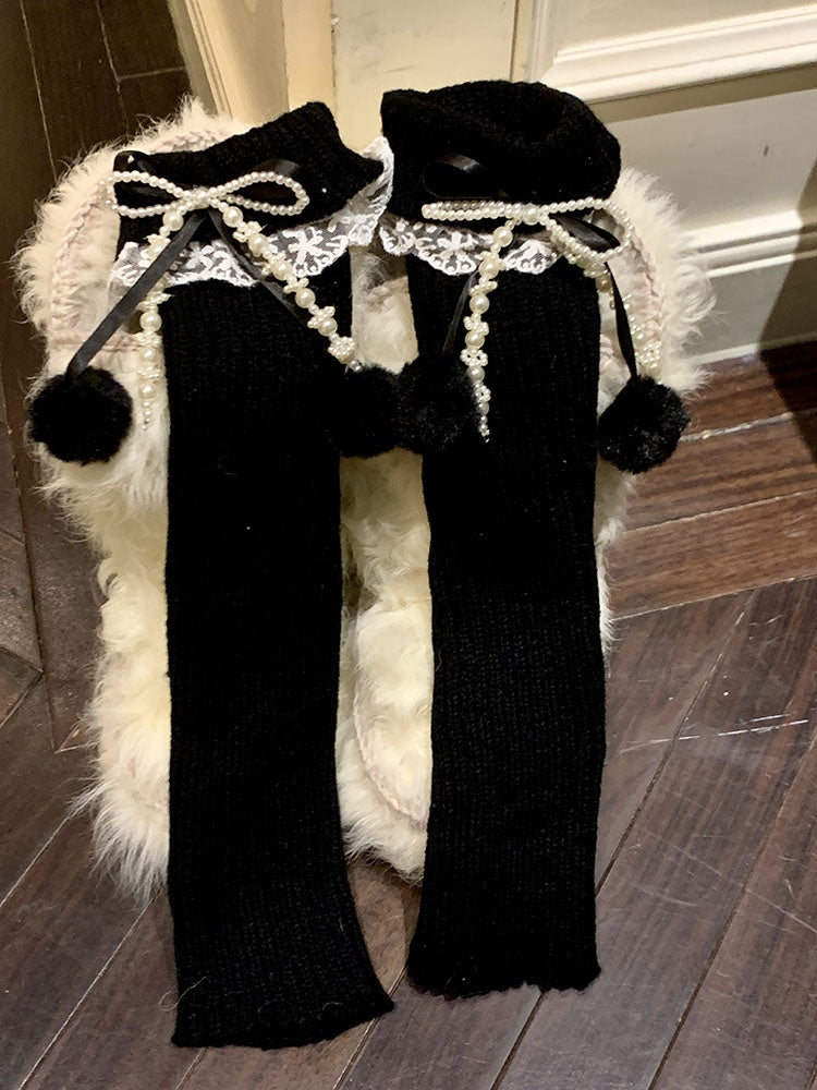 Black/Khaki/Milk White Bowknot Lace Trim Leg Warmers With Pompons