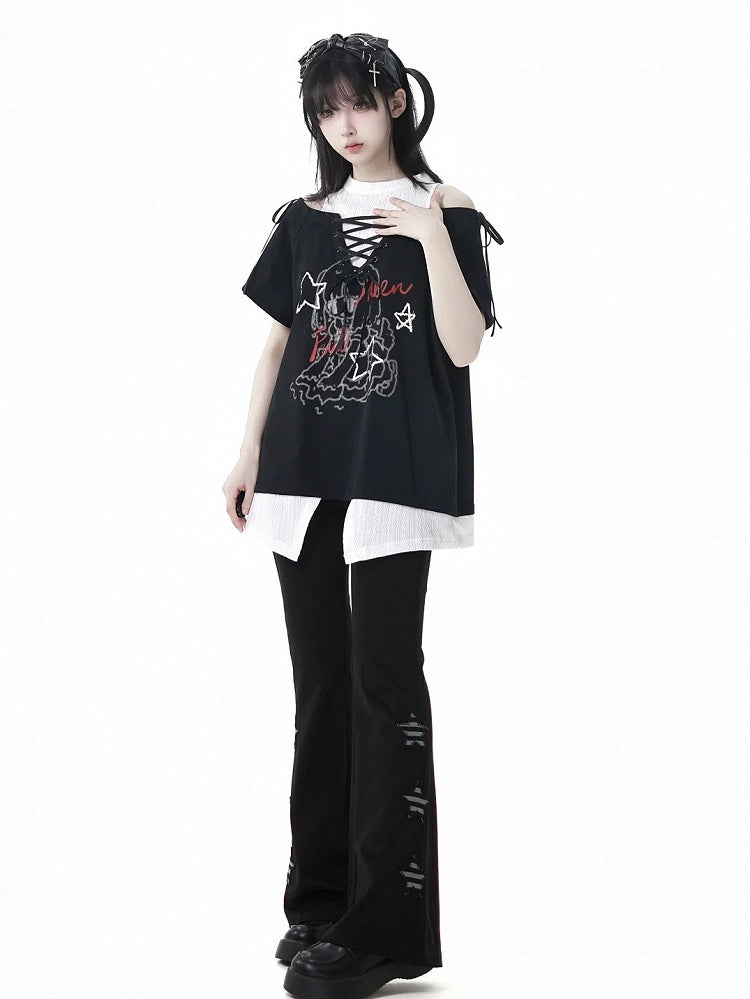 Black Star Appliques Flared Pants