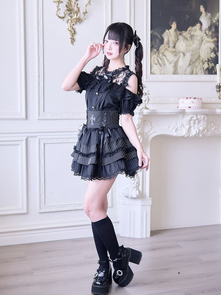 mit Jirai-Ausschnitt, Bluse, inspiriert von schwarzen Ausschnitten, Kei-Illusion-Schulter