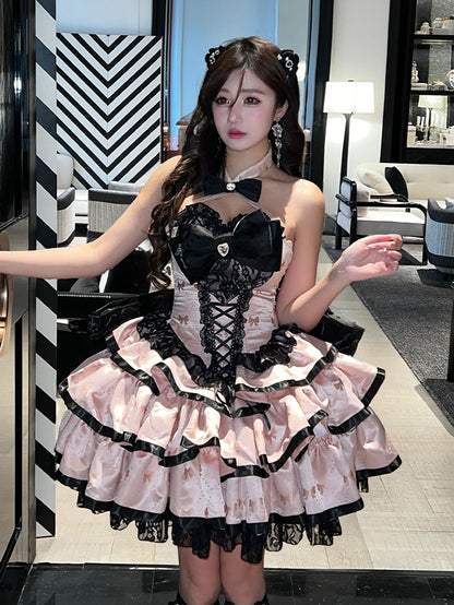 Pink Bowknot Fabric Tiered Puffy Skirt Halter Neck Birthday Corset Dress